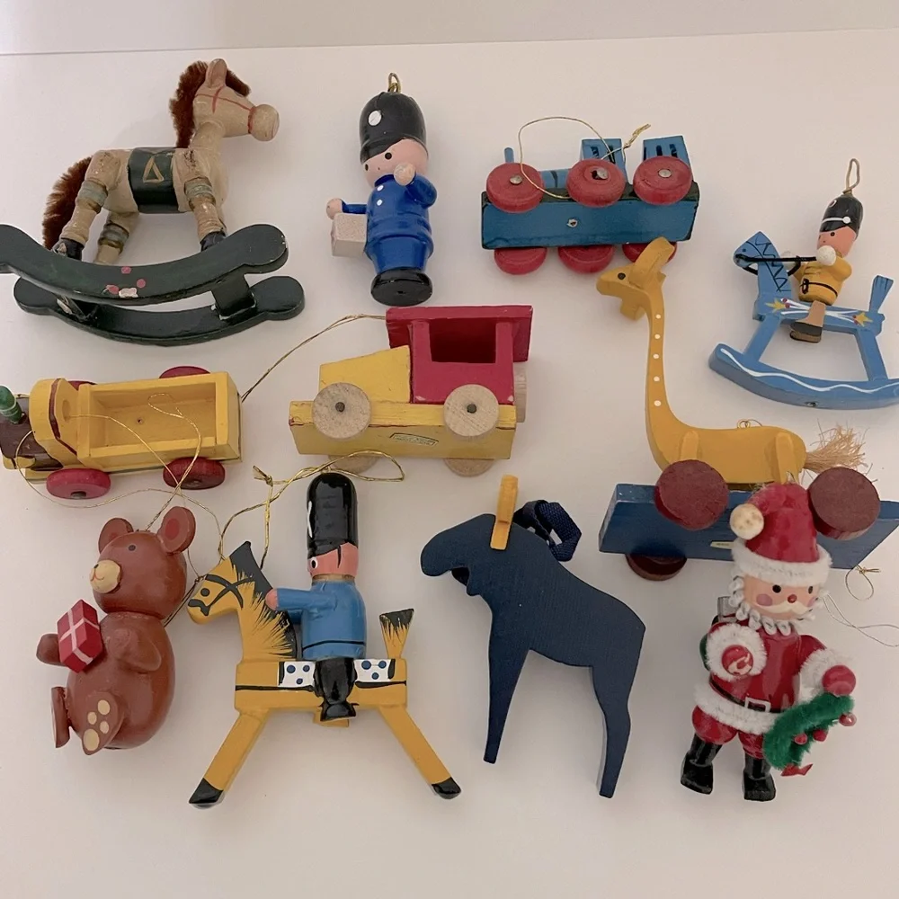 Vintage 1970s/80s Wood Christmas Ornament Lot Kid Theme